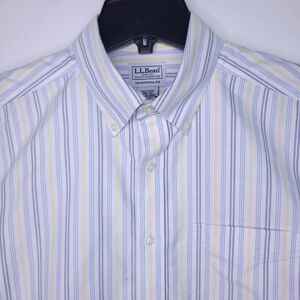 LL Bean Dress Shirt Mens 15.5 Striped White, Blue, Yellow Traditional Fit 209411